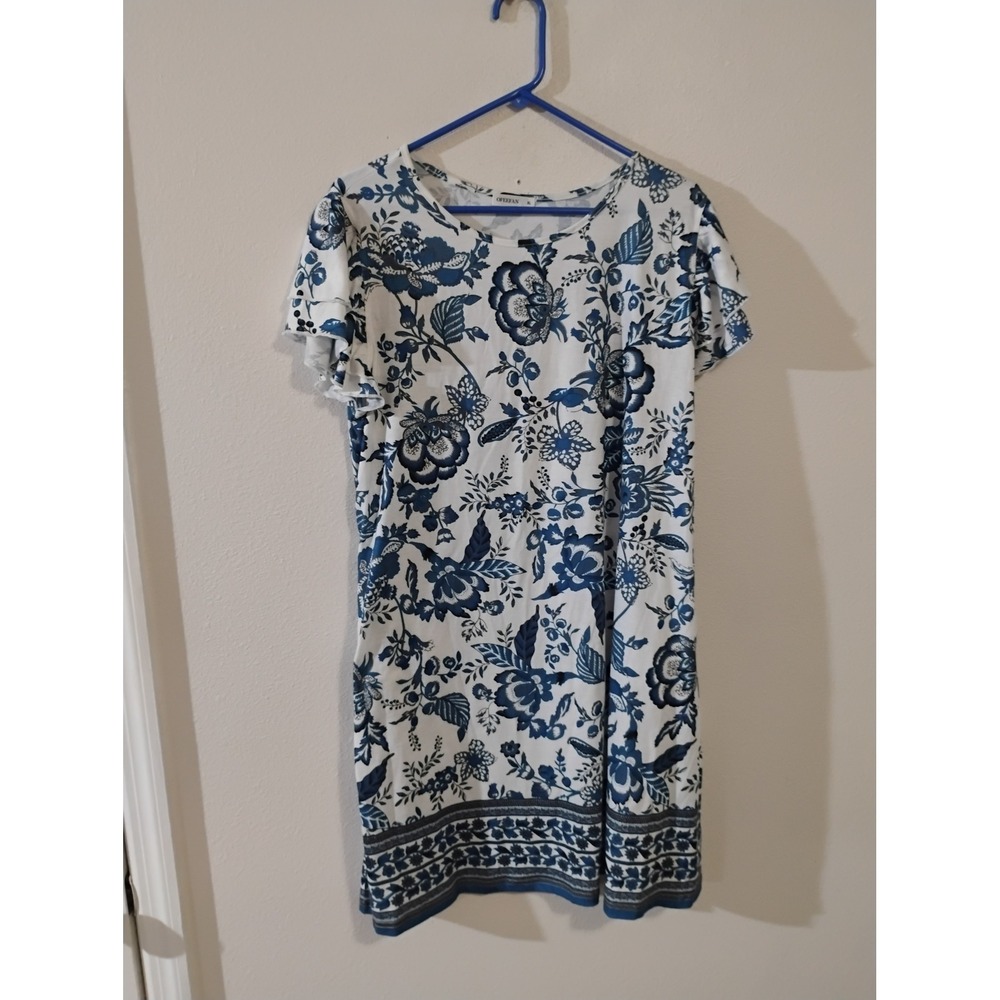 Ofeefan Blue White Floral Shift Dress XL Short Tulip Sleeve Pockets Chinoiserie